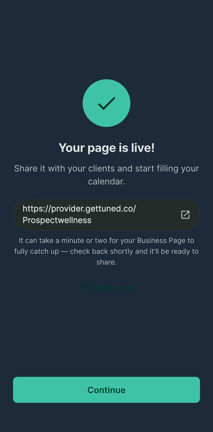 A newly created Tuned Business Page, live and ready to share