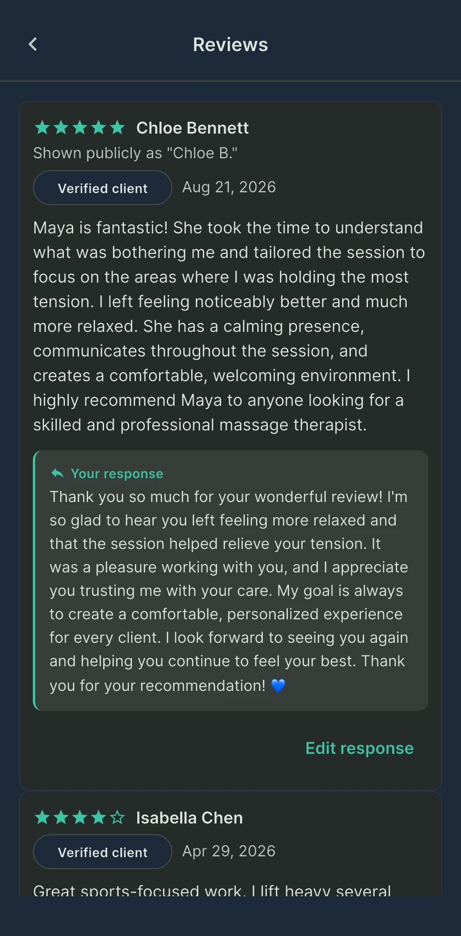 Verified reviews, with room to reply. Sample reviews.