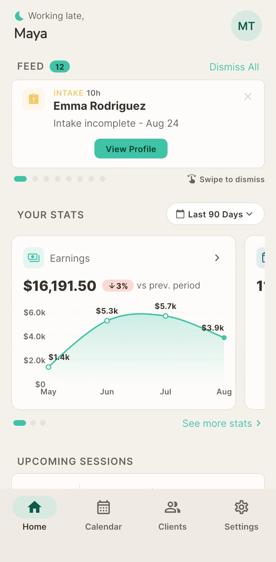 The Tuned home screen: today's feed, your stats, upcoming sessions, and a four-tab bar