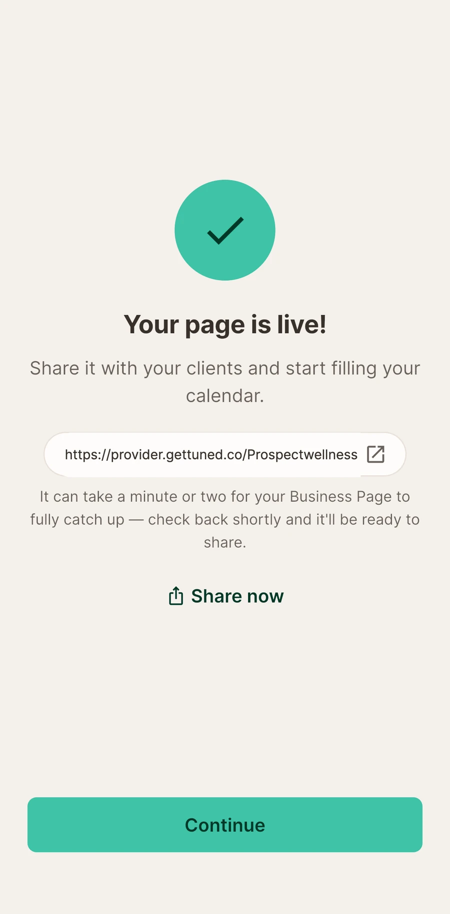 A newly created Tuned Business Page, live and ready to share