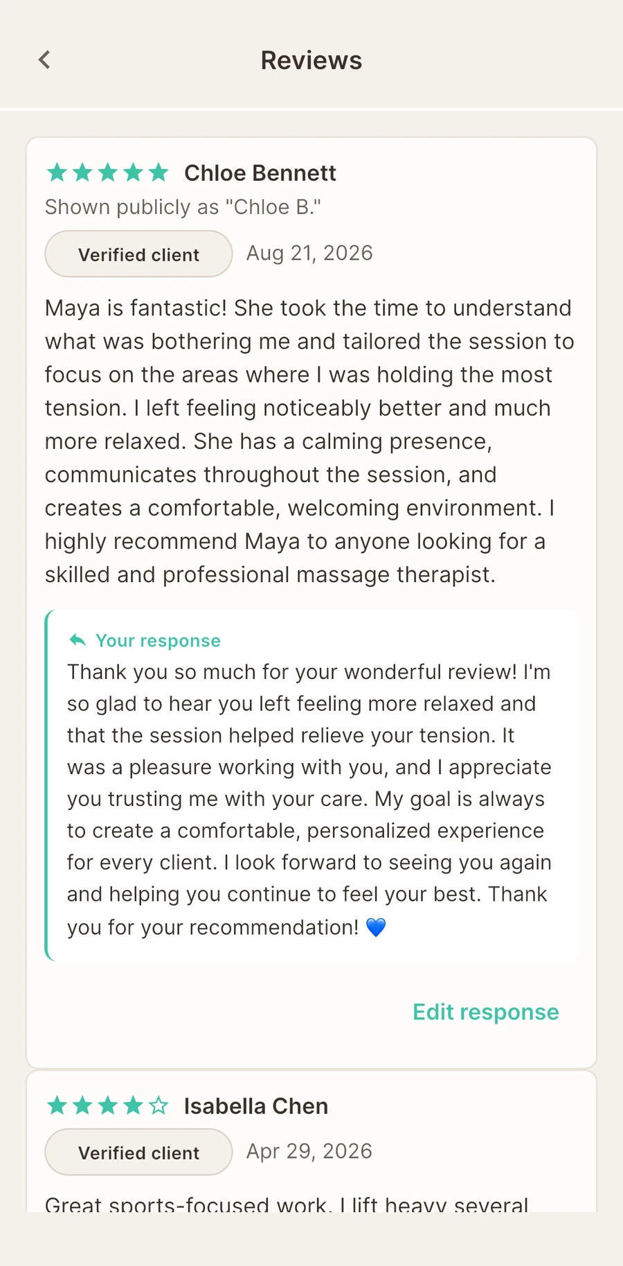 Verified reviews, with room to reply. Sample reviews.